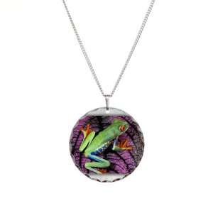  Necklace Circle Charm Red Eyed Tree Frog on Purple Leaf 