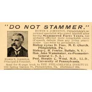  1898 Vintage Ad Edwin S. Johnston Stammering Cure 