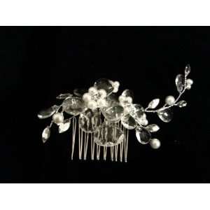  Side Comb Faceted Rhinestone Sparkly Flower and Pearl Wedding Hair 