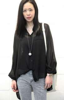 Womens Asym Hem Sheer Batwing Collared Blouse Shirt Top Chiffon 3 