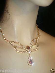   Crystal Rhinestone Choker Necklace Earring Set Deep Red Prom Pageant