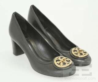   Black Veg Leather & Gold Medallion Selma Heels Size 8.5 M  