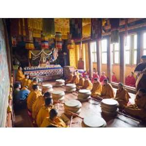  Monks with Drums at Ceremony in Jakar Dzong, Castle of White 