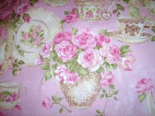 Chic Rose Garden Tea Teacup Fabric Pink Quilting 1 yd  