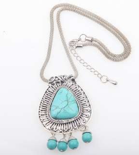 Credible blue Turquoise Pendant bead Tibet Silver long chain Necklace 