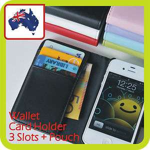 iphone 4 4S Credit Card HOLDER + POUCH WALLET LEATHER FLIP Case Cover 