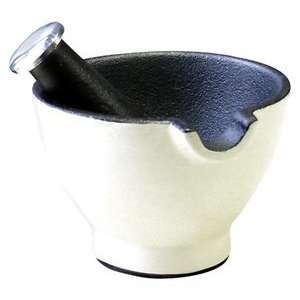 Le Cuistot Mortar and Pestle with Spout   Enameled Cast Iron Exterior 