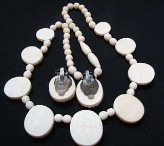 VINTAGE HD CARVED faux IVORY SCARAB NECKLACE & EARRINGS  