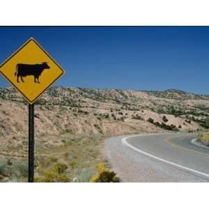 Stretch of Road in New Mexico with a Yellow Cattle Crossing Sign 