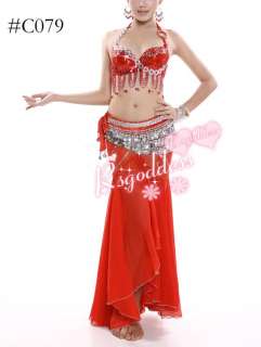 New belly dance 3 pics costume red bra&skirt belt  