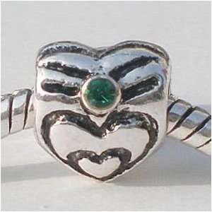  Pandora style metal bead heart emerald green stones
