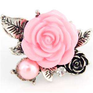 Beautiful Silver tone Blossom Pink Rose Ring,Adjustable  