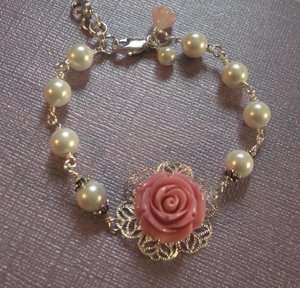 Pretty Pink Coral Carved Rose flower Pearl Silver Bracelet  