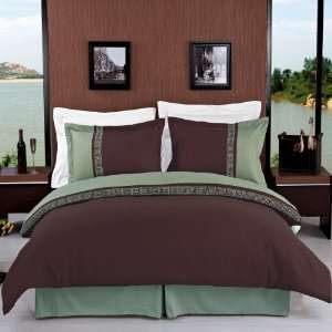  Astrid Sage & Chocolate Embroidered 3 Piece Duvet Cover 