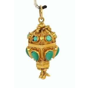  Vintage 18K Gold & Turquoise Ornate Charm Pendant Jewelry