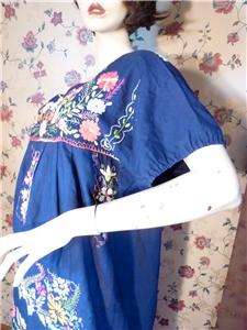 Vintage Blue Mexican Floral Embroidery Hippie Dress  