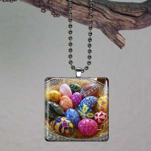Easter Eggs Basket Art Glass Tile Necklace Pendant 825  