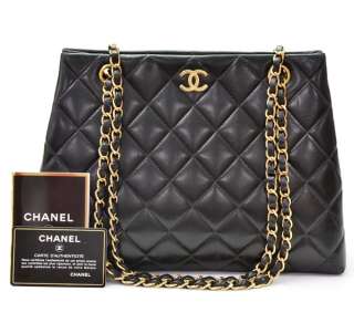 Chanel Black quilted Leather Tote shoulder bag Gold Chain CC X629 
