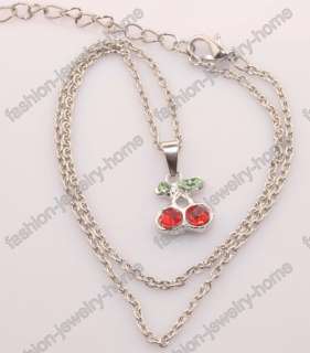 Fashion Red Crystal Lovely Cherry Charm Chain Necklace  