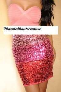 Bebe Gift + Pink Sequined Strapless Colorblock Ombre Bandage Dress 
