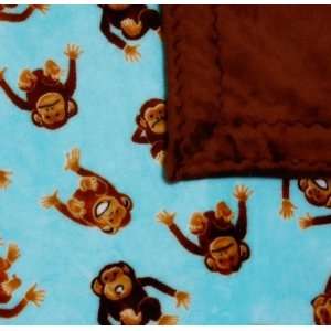  Aqua Blue & Brown Monkey Patterns Minky Lap Throw Blanket 