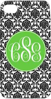 Personalized IPHONE 4g 4s case Monogram Name BLACK DAMASK lime green 