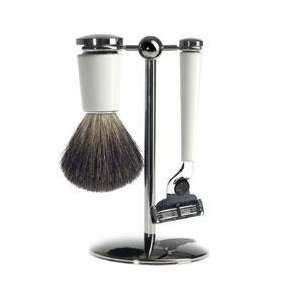   Part Shave Kit Metal/Black Nickel Stand with White Handles shave set
