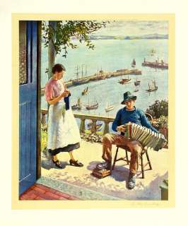   1938 Color Print THE BLUE DOOR, NEWLYN  MAEN COTTAGE ENGLAND  