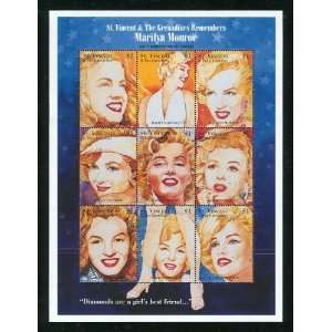  Marilyn Monroe Sheet of 9 Rare Mint St. Vincent Stamps 