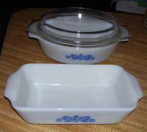   of 2 Anchor Hocking Fire King Blue Flowers Casserole Dishes Loaf Dish