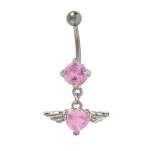  Dangling Pink Jewel Heart with Wings Belly Ring Jewelry