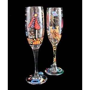  Beach Party Design   Hand Painted   Set of Toasting Flutes 