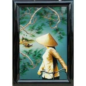 Vietnamese Lacquer Paintings   28 x 20 Young Girl and the Bicycle 