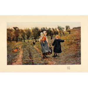  1910 Print Home Watercolor Girl Baby Chicken Field Tree 