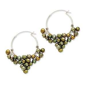   Silver Green Freshwater Cultured Pearl Hoop Earrings   QE2423 Jewelry