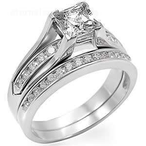  Silver Tone Princess Cut CZ Wedding Ring Set Jewelry