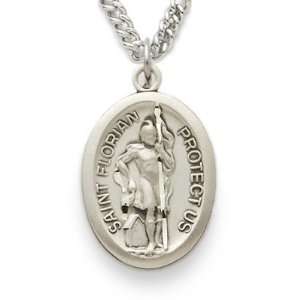   Silver 3/4 Oval Engraved St. Florian Medal on 24 Chain Jewelry