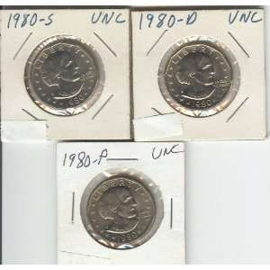 SUSAN B ANTHONY DOLLAR COIN  SET OF THREE  UNCIRCULATED, 1980 P, 1980 