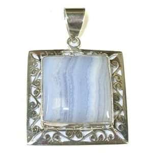  Blue Lace Agate & Sterling Silver Square Pendant