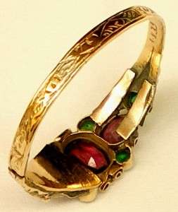 Pretty engraved Victorian gold ring with pink & green stones size S/9 