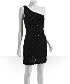 Allen Schwartz Prive black chiffon sequin rosette one shoulder dress