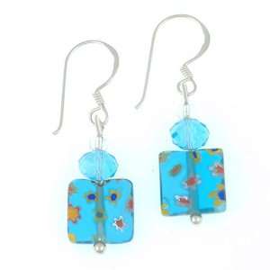 Blue Murano Millefiori Glass with Crystal Bead Square Dangle Earrings 