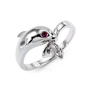  Womens 14k Solid White Gold Dolphin CZ Gemstone Ring 