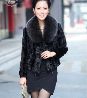   Genuine Mink Fur Coat Fox Collar Black Jacket Outwear Clothing Women