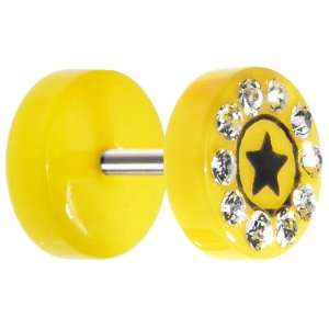  0 Gauge Yellow Acrylic Jeweled Star Cheater Plug Jewelry