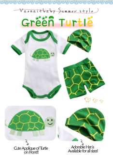   Baby Newborn Babys Bodysuit Pants Hat Set  Green Turtle   