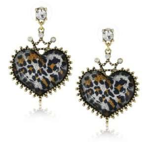 Betsey Johnson Metallic Leopard Leopard Heart Crown Drop Earrings