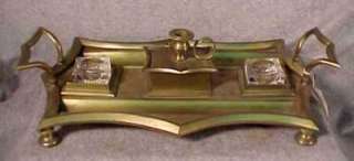Rare Victorian Brass Double Glass Inkwell Pen Desk Set  