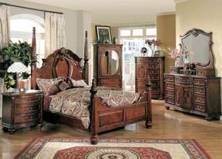 Traditional Luxury Formal Cherry Queen King Poster Bed 5 Pc Bedroom 