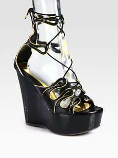 Alexander McQueen   Lace Up Leather & Metallic Leather Wedge Sandals